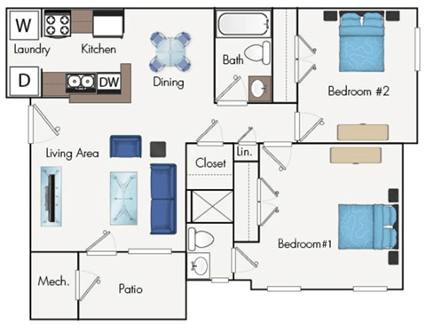 Floor plan for 2 beds, 2 baths, 975 sqft